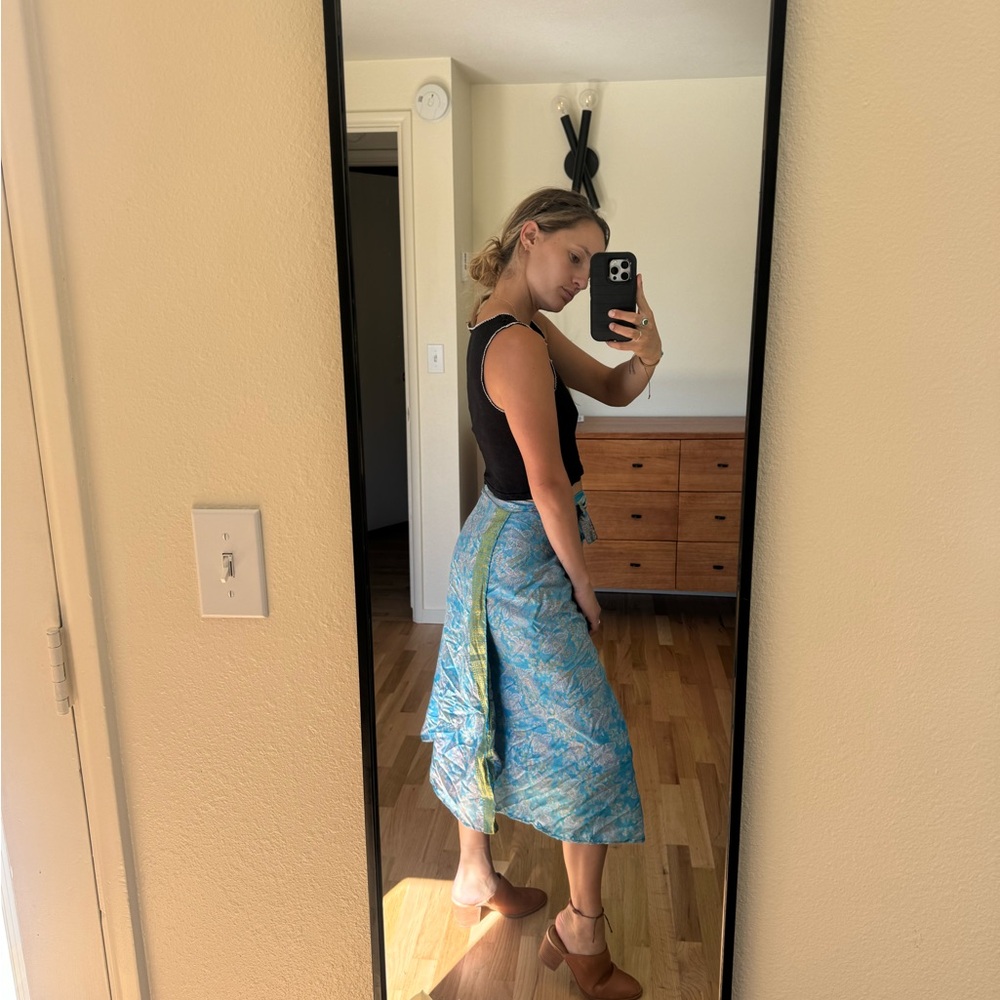 Elegant silky Blue and Green wrap around skirt